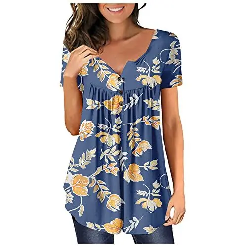 Produktbild: Damen Oberteile Elegant Damenblusen Sommer Kurzarm Oberteile Damen Elegant Ausgefallene Oberteile Damen Sommer Longshirt Damen Bluse Damen Kurzarm Tunikas Und Blusen Basic Blau M