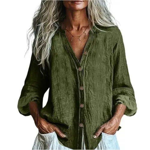 Produktbild: Damen Oberteile Sommer Freizeitoberteil V-Kragen Knöpfe Einfarbig Lange Ärmel aus Baumwolle und Leinen Outfit Shirt Multi S