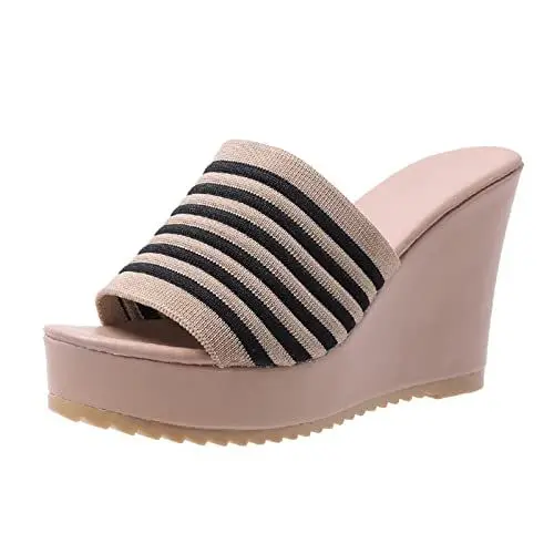 Produktbild: Damen Offene Schuhe Damen Sandalen Mit Fussbett Stoff Keil Gestreift Hausschuhe Plattform Ferse Lässig Stricken Mund Frauen Pantoffel Damen Glitzer Slipper Damen Schwarz Mules Slipper (Beige, 39)
