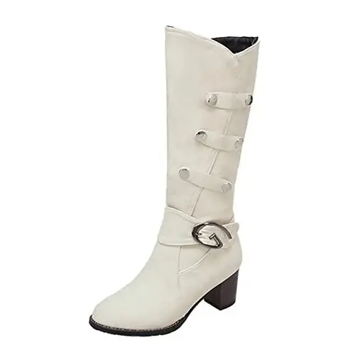 Produktbild: Damen Overknees Sexy Absatz High Heel Dekorative Stiefel aus Metall im und Winter Schaftweite 39 40 cm (Beige, 42)