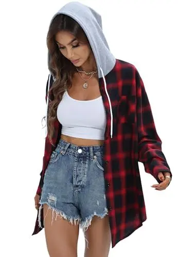 Produktbild: Jhsnjnr Damen Flanell Hemd Oversized Karierte Langarmshirt Leichte Kordelzug Knopfleiste Karobluse Hoodie