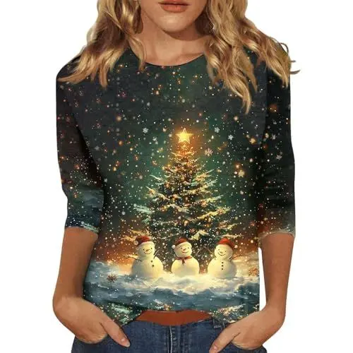 Produktbild: Damen Oversize Shirt Women's Fashion Casual Christmas Printed Round Neck Three Quarter Sleeve Top T Shirt Oberteile Damen Autumn Elegant Tunika Damen 𝐋angarm Elegant (White, XXL)