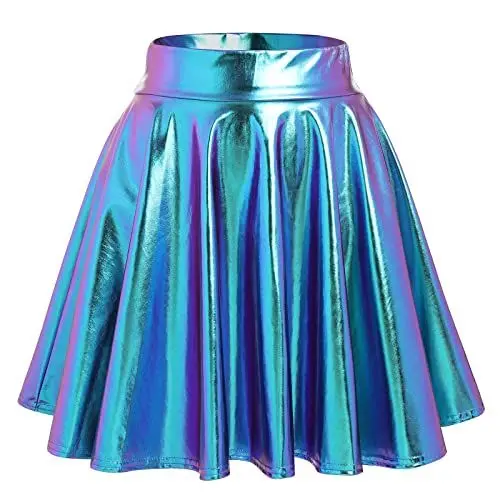 Produktbild: Damen PU Lederrock Minirock Metallic Glänzed Wetlook Faltenrock A-Linie Kunstleder Kurzes Rock Hohe Taille Holographic Plisseerock Skater Rave Gogo Disco Tanz Party Kostüm Clubwear Laser Blau M