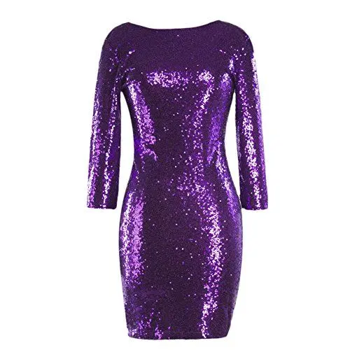Produktbild: Damen Paillettenkleid Bodycon Minikleid Rundhals Langarm Rückenfrei Abendkleid Etuikleid Cocktailkleid Hochzeit Festlich Partykleid Ballkleid Glitzer Nachtclub Tragen Lila S