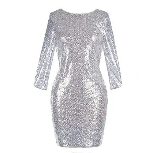 Produktbild: Damen Paillettenkleid Bodycon Minikleid Rundhals Langarm Rückenfrei Abendkleid Etuikleid Cocktailkleid Hochzeit Festlich Partykleid Ballkleid Glitzer Nachtclub Tragen Silber M