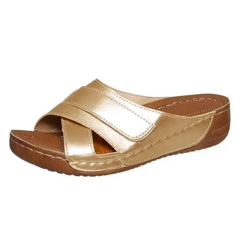Produktbild: Damen Pantoletten Schwarz Damen Sandalen Silber Frauen Strand Slope Heel Hausschuhe Hohl Casual Hausschuhe Slope Bottom Schuhe Retro Sandalen Damen Blau Damen Flip Flops Elegant Damen (Gold, 40)