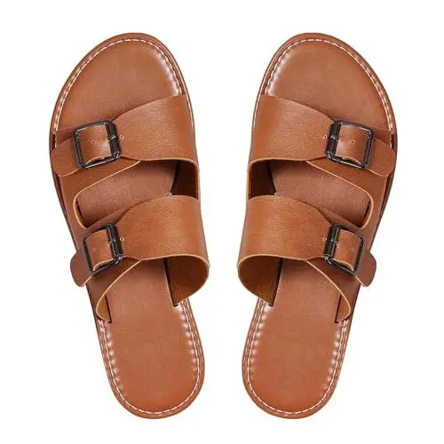 Produktbild: Damen Pantoletten Strandschuhe Flip Flops Übergroße Sandalen für den mit Zehenriemen und Schnalle und flachem Absatz für Damen Sandalen Schwarz Schuhe Damen Zehentrenner Zehensandalen (Brown, 43)