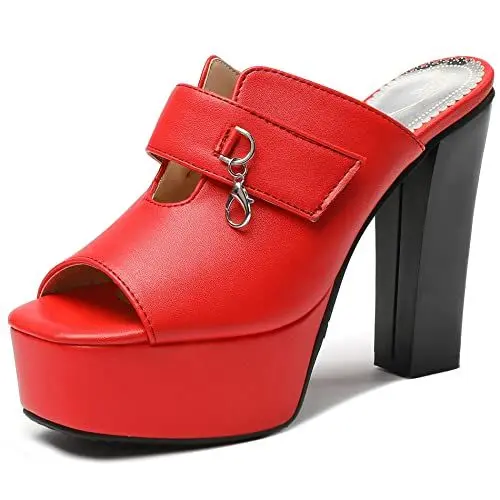 Produktbild: Damen Pantoletten mit Absatz, Sandalen Peep Toe Elegant Chunky Party Schuhe mit Plateau Ohne Verschluss, 12909Aci Rot Gr 47 EU