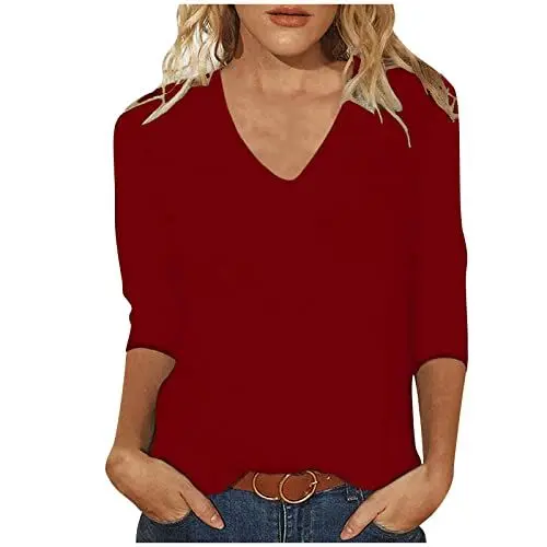 Produktbild: Damen Pullover 3/4-Ärmeln Einfarbige Hemd Freizeit 3/4 Arm Bluse Frau Tshirts Motiv Shirt V-Ausschnitt Lässig Sweatshirt Grafik Drucken Slim Fit Blusenshirt Tuniken Wein M