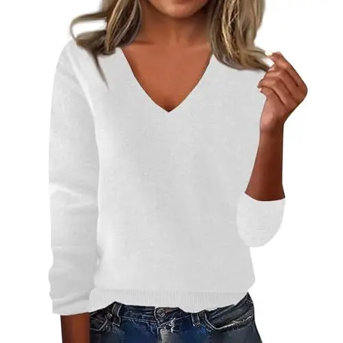 Produktbild: Damen Pullover Herbst Merinowolle Strickpullover Einfarbiger Elegant Sexy V-Ausschnitt Pulli Weich Knit Sweater Winterpullover Kaschmir Cashmere Wollpullover Herbst