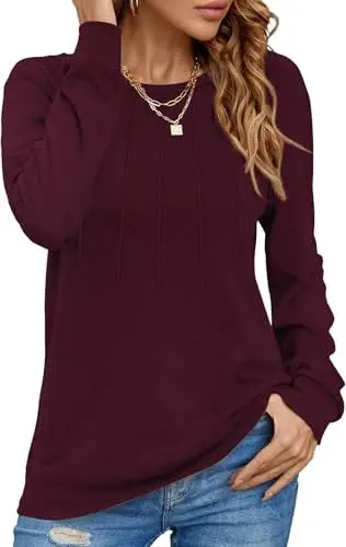 Produktbild: Damen Pullover Lässig Langarmshirt Elegant Herbst Winter Rundhals Sweatshirt Langarm Shirts Loose Plissee Oberteile Burgunderrot XL