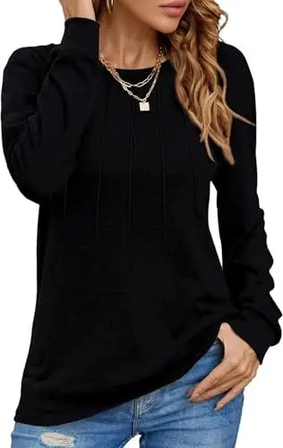 Produktbild: Damen Pullover Lässig Langarmshirt Elegant Herbst Winter Rundhals Sweatshirt Langarm Shirts Loose Plissee Oberteile Schwarz M