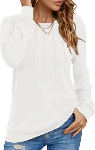 Produktbild: Damen Pullover Lässig Langarmshirt Elegant Herbst Winter Rundhals Sweatshirt Langarm Shirts Loose Plissee Oberteile Weiß L
