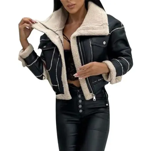 Produktbild: Damen Pullover Sale Kunstpelz Jacke Damen Damen Jacke Aus Kunstleder Abgeschnitten Warm Für Den Winter Lammfellmantel Reißverschluss Motorradjacke Oberbekleidung Mit Taschen Pullover Winter Damen