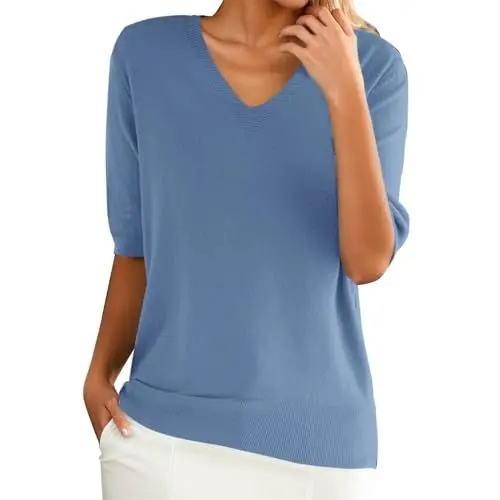 Produktbild: Damen Pullover Sommer Leicht Strickpullover Dünne Oberteil Kurzarm V-Ausschnitt Casual Strickpulli Elegant Frühling Sommer Sweatshirt Einfarbig Kurzarmpullover Bequeme Gestrickte Oberteile