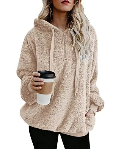 Produktbild: Hoodie Damen Oversize Teddy Pullover Teddyjacke Pulli Teddy Fleece Sweatshirt Kapuzenpullover Fleecejacke Kapuzenpulli Warm Langarm Lose Winter Tops Oberteile Casual mit Tasche (Khaki1, M)