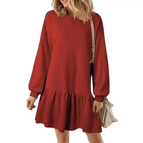 Produktbild: Damen Pulloverkleid Elegant Rüschen Sweatkleid Damen Langarm Kurz A-Linien Herbstkleid Damen Rundhals Einfarbig Winterkleid Volant Casual Kleider Frauen Patchwork Blusenkleid Winter