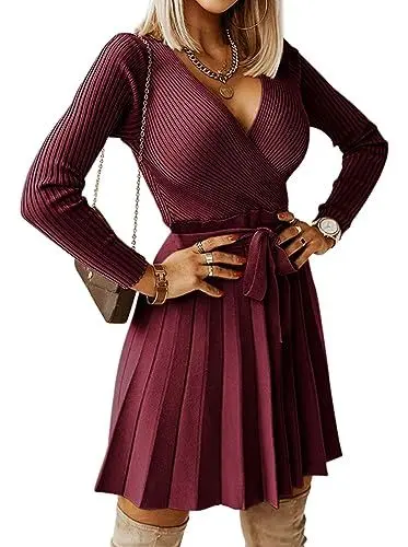Produktbild: Damen Pulloverkleid Winter Langarm V-Ausschnitt Strickkleid Hohe Taille A-Linie Elegant Kurzkleid mit Abnehmbarer Gürtel (Burgund, XL)