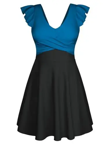 Produktbild: Damen Push Up Tankini Set V-Ausschnitt A-förmiger Saum Bauchkontrolle Bademode Sommer Strandmode Tanktop Blaugrün und Schwarz S