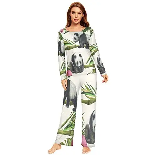 Produktbild: Anantty Damen Schlafanzug-Set Aquarell Panda Bambus Blätter Pyjama Woman Set, Lang Nachtwäsche Hausanzug Negligee Sleepwear
