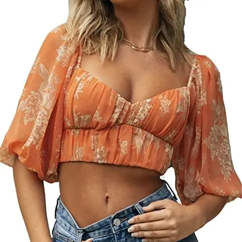 Produktbild: Damen Quadratischer Ausschnitt PuffÄrmel Cropped Tops Blumendruck Tunika Oberteil Sommer Basic Lässig Bluse (L)
