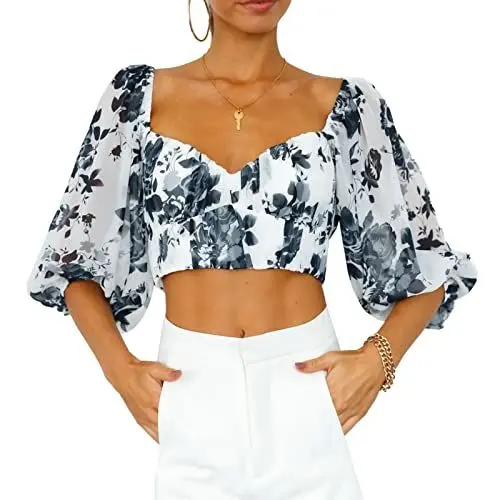 Produktbild: Damen Quadratischer Ausschnitt Tunika Oberteil Blumendruck PuffÄrmel Bluse Sommer Basic Lässig Cropped Tops (M)