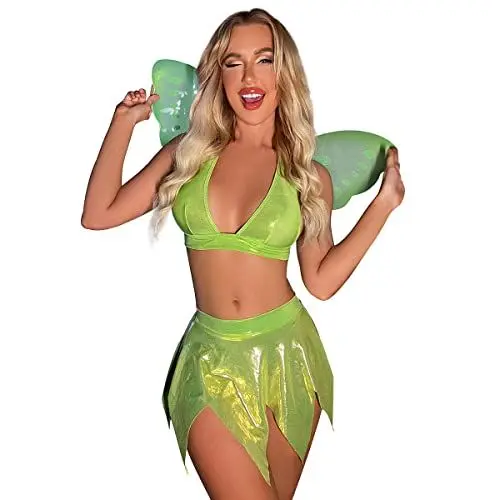 Produktbild: Damen Rave Outfit Glänzend Metallisch Crop Top Mini Rock Fee Flügel Karneval Musik Festival Party Kleidung Hellgrün M