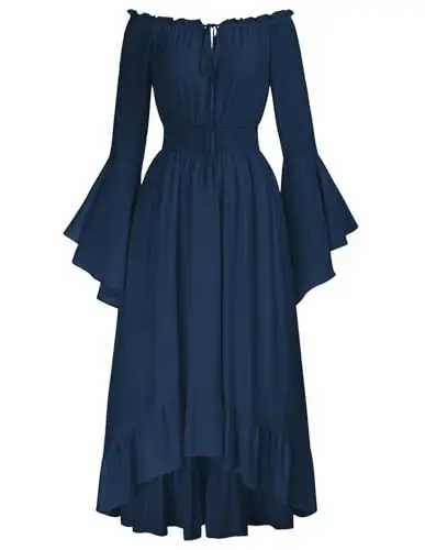 Produktbild: SCARLET DARKNESS Damen Renaissance Corsagenkleid Schulterfrei mit Taschen A-Linie Rüschenkleid Dunkelblau L