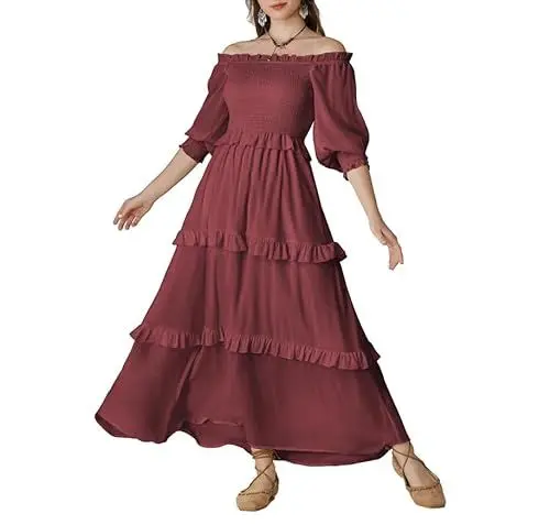 Produktbild: SCARLET DARKNESS Damen Renaissance Maxikleid A-Linie Off-Shoulder mit Tasche Medieval Long Dress Bohnen Paste L