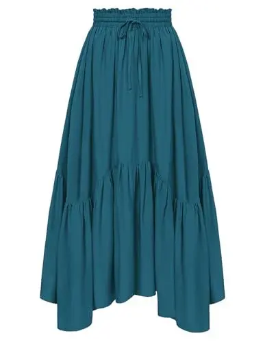 Produktbild: Damen Renaissance Rock Hohe Taille mit Kordelzug Flared Saum Mittelalter Swing Rock Dunkelblau L
