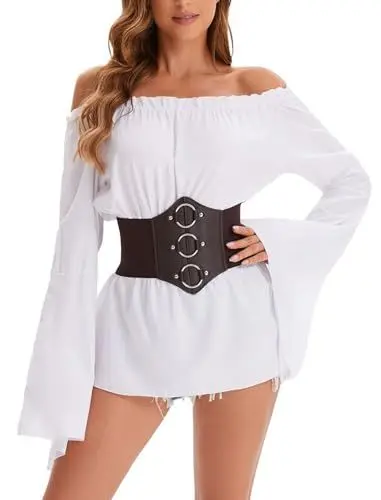 Produktbild: Damen Renaissance Top Mittelalter Bluse Trompeten�rmel Off Shoulder Gothic Viktorianische Shirt mit Korsett Taille G�rtel Pirate Halloween Kost�m Wei�-Braun S