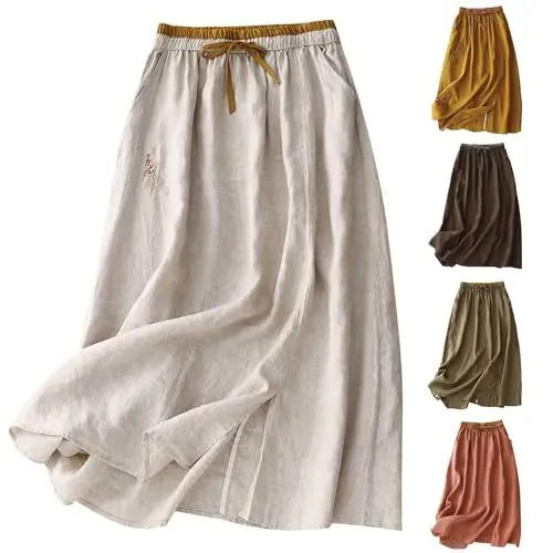 Produktbild: Damen Rock,Sommer Midi Leinen Röcke Elegant Leichte Leinenrock Basic Casual Faltenrock Langer Luftiger Röcke Breitersaum Hohe Taille Knielang Strandrock Langrock mit Taschen