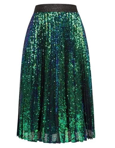 Produktbild: Damen Rock Pailletten Grün Elegant Festival Faltenrock Damen A Linie Midi-Länge S Grünblau -5