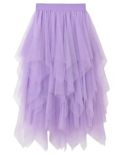 Produktbild: Damen Rock Tüll Unregelmäßig Unterrock Lagenrock Abschlussball Party Faltenkleid A-Linie Midirock Elastische High Waisted Rock