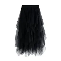 Produktbild: Damen Rock Tüll Unregelmäßig Unterrock Lagenrock Ballett Tutu Abschlussball Party Faltenkleid A-Linie Midirock High Waisted Rock (Schwarz, Einheitsgröße)