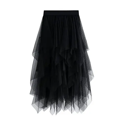 Produktbild: Damen Rock Tüll Unregelmäßig Unterrock Lagenrock Ballett Tutu Abschlussball Party Faltenkleid A-Linie Midirock High Waisted Rock (Schwarz, Einheitsgröße)