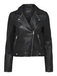 Produktbild: Damen Selected Kurze Leder Jacke | Lammleder Biker Jacket SLFKATIE | Cropped Style Coat, Farben:Schwarz, Größe:34
