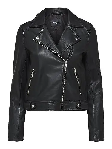 Produktbild: Damen Selected Kurze Leder Jacke | Lammleder Biker Jacket SLFKATIE | Cropped Style Coat, Farben:Schwarz, Größe:34