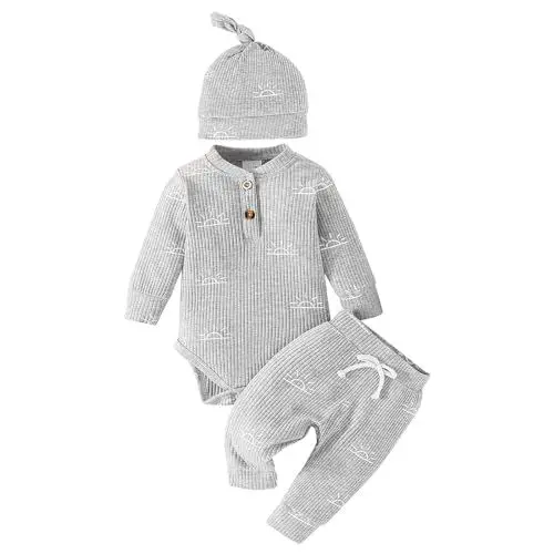 Produktbild: Uwdiohq Day Prime 2024 Angebote Baumwoll-Outdfit-Sets für Babys, und Mädchen, gerippt, langärmlig, Sonnendruck, Knopfdesign, Strampler und elastische Hose mit Mütze Baby Overall Neugebor Restposten