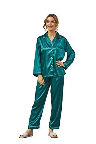 Produktbild: Damen Satin Pyjama, Schlafanzug Damen Lang Schlafanzug Damen Satin Elegant Pyjamas Satin mit Knopfleiste Schlafanzug Lange Ärmel Sleepwear Zweiteiliger PJ Set, Nachtwäsche Hausanzug, Grün, S