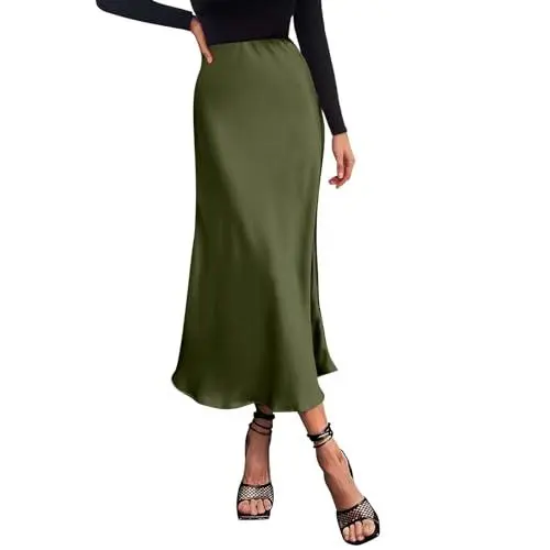 Produktbild: Damen Satin Rock Lang Hohe Taille Skirt Elegant Seide Midirock Herbst Winter Midi Business Rock A Linie Bleistiftrock Army Green Armee-Grün L