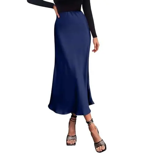 Produktbild: Damen Satin Rock Lang Hohe Taille Skirt Elegant Seide Midirock Herbst Winter Midi Business Rock A Linie Bleistiftrock Dark Blue Dunkelblau M