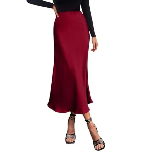 Produktbild: Damen Satin Rock Lang Hohe Taille Skirt Elegant Seide Midirock Herbst Winter Midi Business Rock A Linie Bleistiftrock Wine Weinrot L