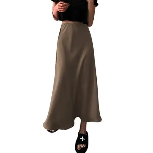 Produktbild: Damen Satin Seidenrock A Linie Elastische Hohe Taille R�sche Lange Maxirock Einfarbige Meerjungfrau Rock Formale Partyrock Kaffee XXL