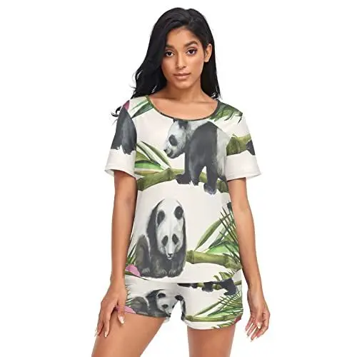 Produktbild: Damen Schlafanzug-Set Aquarell Panda Bambus Blätter Sommer Pyjama Woman Set, T-Shirt und Shorts Lounge Set Sleepwear Nachtwäsche