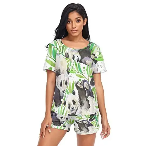 Produktbild: Damen Schlafanzug-Set Aquarell Panda Bambus Sommer Pyjama Woman Set, T-Shirt und Shorts Lounge Set Sleepwear Nachtwäsche