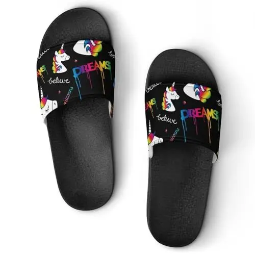 Produktbild: Damen Schlappen Regenbogen Einhorn Badeschuhe rutschfest Badeschlappen Hausschuhe Slides Sandalen Slippers