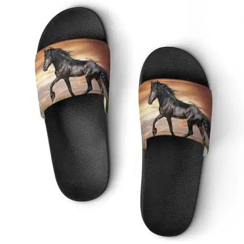 Produktbild: Damen Schlappen Schwarzes Pferd Badeschuhe rutschfest Badeschlappen Hausschuhe Slides Sandalen Slippers