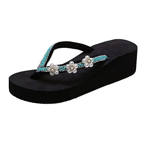 Produktbild: Damen Schuhe WeißE Sandalen Damen Boho Plateau Flip Flops Lässige Strass Blumen Dicke Sohle Sandalen Sandalen Weite Slipper Damen Sandaletten Schwarz (Green, 41)