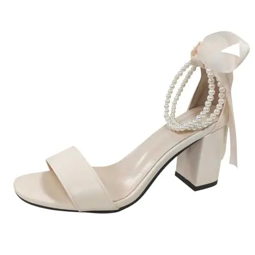 Produktbild: Damen Schuhe Winter Mit Absatz Gelb klobige High-Heel-Riemensandalen, Stiletto-Sandalen, High-Heel-Sandalen, Brautschuhe D Schuhe Damen (White, 35)